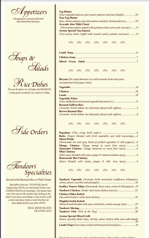Aroma Indian Cuisine Menu - Image 1